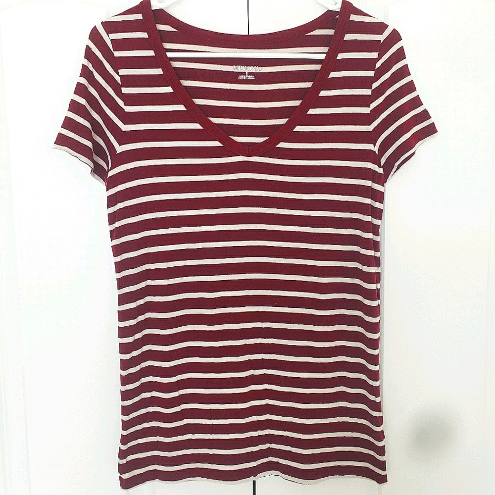 Burgundy And White Stripe V Neck